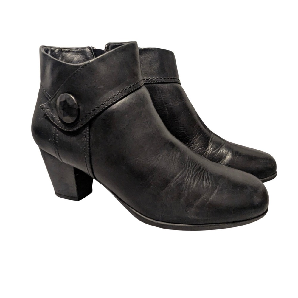 Michelle D Ankle Boots Women 8 Black Leather‎ Button Side Zip Block Heel Booties